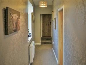 a hallway with a stairway with a horse painting on the wall at Valhalla Brae in Keiss