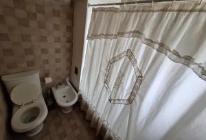 a bathroom with a white shower curtain and a toilet at Paseo de la Fe in Salta +7 photos