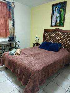 a bedroom with a large bed with a brown blanket at HabitacionSUPER4 2 personas Casa SFco in Zacatlán