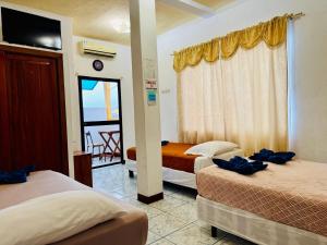 a hotel room with two beds and a television at Tintorera Guest House in Puerto Ayora