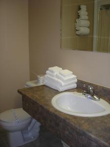 a bathroom with a sink and a toilet and towels at Hilltop Motel & Restaurant in Grand Falls +34 photos
