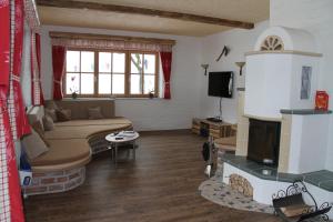 a living room with a couch and a fireplace at Alpenchalet Gosau in Gosau