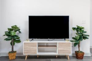 a television on a white entertainment center with two plants at Affordable 2-Bedroom Whitestown in Whitestown