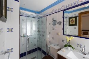 a bathroom with a shower, sink, and mirror at Casa de São Domingos in Peso da Régua