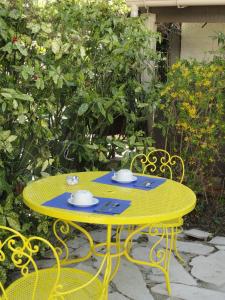 un tavolo giallo e sedie con piatti sopra di Hotel de l'île ad Avignone
