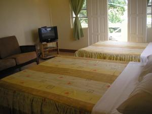 a hotel room with two beds and a tv at The Relax Inn in Saint Georgeʼs