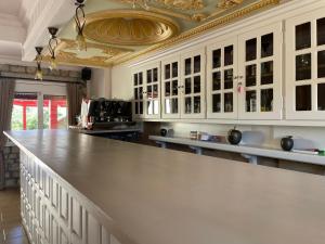 a kitchen with a large counter top in a room at Hotel Esperides in Kardamyli