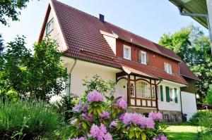 a house with pink flowers in front of it at Pension Trautheim - Am Stadtpark in Bad Harzburg