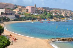 a beach with a group of boats in the water at Appartement Vue Mer Corse Sud in Propriano