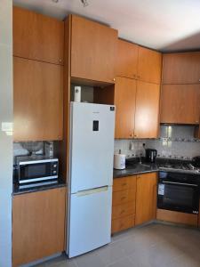 a white refrigerator in a kitchen with wooden cabinets at Sunset Paradise Villa Stroumpi in Stroumbi