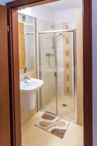 un baño con ducha y lavabo en Apartament z ogródkiem w Parku Zdrojowym, en Świnoujście