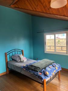 a bedroom with a bed with blue walls and a window at Appartement Antananarivo - Palais de la Reine, Rova in Mandriankeniheny
