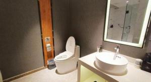 a bathroom with a toilet and a sink and a mirror at Magnotel Shenyang Consulate Qingnian Street in Shenyang +107 photos