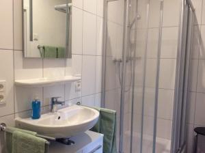 a bathroom with a sink and a shower at Fewo Blütenreich in Traben-Trarbach +10 photos
