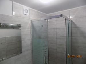 a shower with a glass door in a bathroom at DOMEK W DZIWNÓWKU przy KOŚCIELE in Dziwnówek