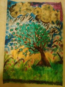 a painting of a tree in a field at DOMEK W DZIWNÓWKU przy KOŚCIELE in Dziwnówek