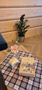 a table topped with a book and a potted plant at Apartamenty Wiktorówka in Poronin