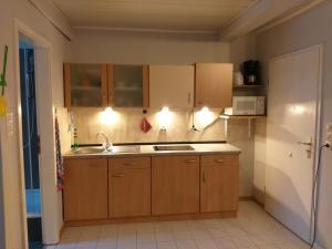 a kitchen with wooden cabinets and a sink at Kleine Wohnung an der Werra in Witzenhausen