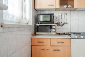 默德林Rustikales Apartment in Mödling的配有微波炉和台面的厨房
