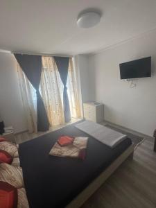 a bedroom with a bed with a tv on the wall at Casa Ema in Orşova +33 photos