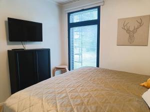a bedroom with a bed and a flat screen tv at Kinosmaja in Syöte