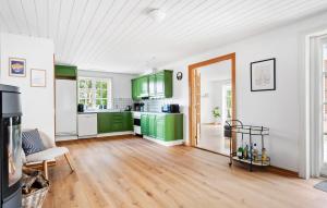 a kitchen with green cabinets and a wooden floor at 3 Bedroom Beautiful Home In Videbæk in Videbæk