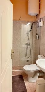 a bathroom with a shower and a toilet and a sink at Zoe City Home in Corfu +14 photos