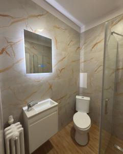 a bathroom with a toilet and a sink and a shower at Apartmány Hviezdoslavova in Piešťany +14 photos
