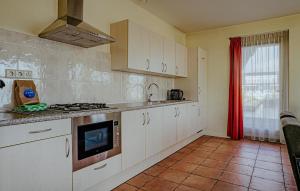 eine Küche mit weißen Schränken und einem Herd mit Backofen in der Unterkunft Westergeest Beneden 2 Slaapk in Uitgeest