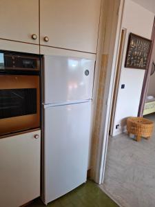 a kitchen with a white refrigerator and a microwave at Appartement exposé plein sud in Menton