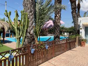 a wooden fence next to a pool with cactuses at Tara Casa in Cartagena