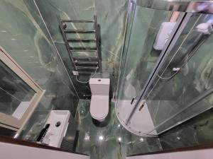 a bathroom with a mirror and a toilet and a sink at 95 Deluxe London Studios in London
