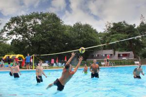 a group of men playing a game of volley ball in a swimming pool at Bosboerderij de Veluwe, luxe huisje in het bos in Lunteren