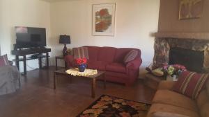 a living room with a red couch and a fireplace at Comfortable Generously Furnished Home in Sierra Vista