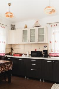a kitchen with white cabinets and a microwave at Pensiunea Bucur in Dămuc