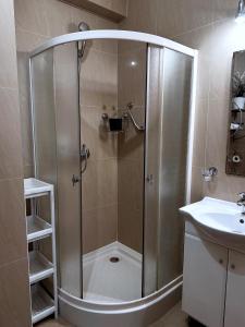 a shower with a glass door in a bathroom at Amber Apartament 300 metrów od plaży in Kołobrzeg