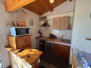 a small kitchen with a sink and a microwave at gite du mouredon in Vallon-Pont-dʼArc