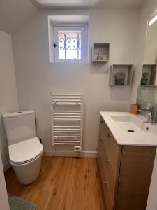 a bathroom with a toilet and a sink and a window at La petite maison de Boisrival in Bury
