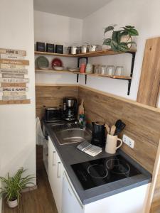 a small kitchen with a sink and a stove at Ferienwohnung Claire in Bad Kohlgrub +7 photos