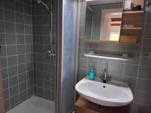 a bathroom with a sink and a shower at Landgasthaus Schwarzbachtal in Lohsdorf +22 photos
