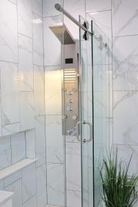 a shower with a glass door in a bathroom at Santa Cruz rooms and hospitality  +58 photos
