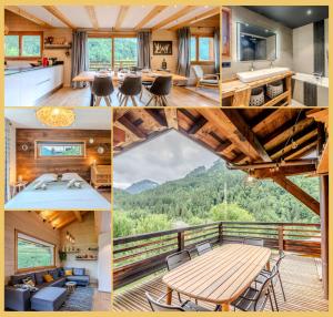 a collage of photos of a cabin with a mountain view at Le Sylvana I T4 I Abondance in Abondance