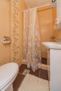 a bathroom with a toilet and a shower curtain at Apartment Ines in Bar