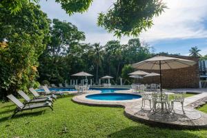 ein Garten mit Pool, Stühlen und Sonnenschirmen in der Unterkunft Hotel Nututun Palenque in Palenque