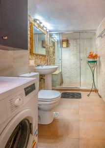 bagno con servizi igienici, lavandino e lavatrice di Villa Sofita with jacuzzi a Maroulás Altre 34 foto