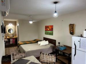 a small room with a bed and a refrigerator at Departamento mono ambiente vista a las Sierras in Villa Giardino