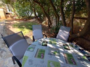 a table and chairs sitting under a tree at House with a garden 50m from the sea in Pag +19 photos