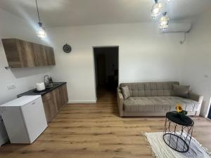 a living room with a couch and a kitchen at Vhtwins apartment in Ulcinj