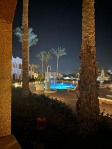 a resort with a pool and palm trees at night at Domina Coral Bay Harem Luxury in Banī Ghālib