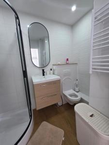 a bathroom with a sink and a toilet and a mirror at Bel appartement avec vue mer in Le Trayas